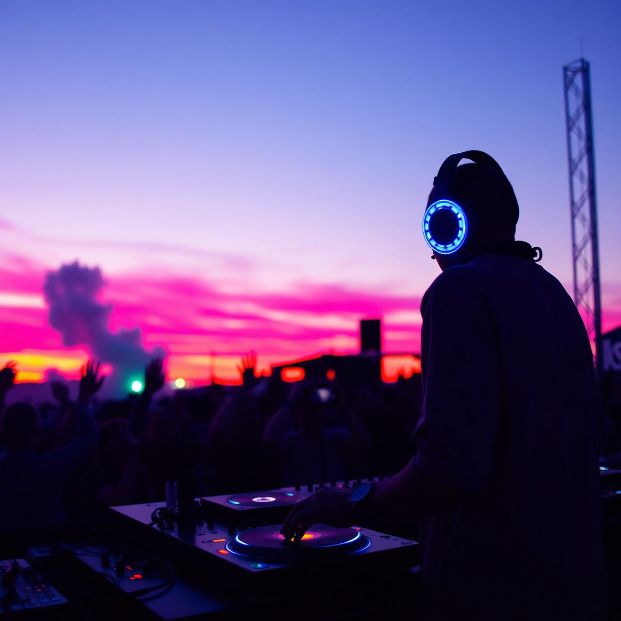 DJ tocando ao amanhecer com fones brilhantes