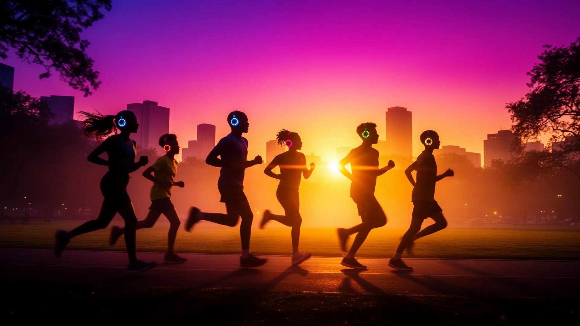 Corredores ao amanhecer com fones brilhantes